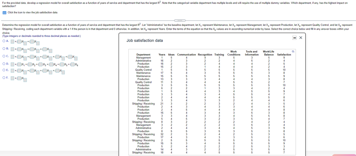 Quality
Maintenance
For the provided data, develop a regression model for overall satisfaction as a function of years of service and department that has the largest R. Note that the categorical variable department has multiple levels and will require the use of multiple dummy variables. Which department, if any, has the highest impact on
Maintenance
Control
satisfaction?
E Click the icon to view the job satisfaction data.
.....
Determine the regression model for overall satisfaction as a function of years of service and department that has the largest R. Let "Administrative" be the baseline department, let X, represent Maintenance, let X, represent Management, let X, represent Production, let X, represent Quality Control, and let Xg represent
Shipping / Receiving, coding each department variable with a 1 if the person is in that department and 0 otherwise. In addition, let X, represent Years. Enter the terms of the equation so that the X,-values are in ascending numerical order by base. Select the correct choice below and fill in any answer boxes within your
choice
(Type integers or decimals rounded to three decimal places as needed.)
O A.
+ ( X
Job satisfaction data
OB.
Tools and
Work/Life
Balance
Work
Department
Management
Administrative
Production
Production
O C.
Years
Ideas Communication Recognition Training Conditions
Information
Satisfaction
+(
16
2
4
OD.
)X3 +
+ ( )X, +
X, +
X4 +
Xs +
16
15
4
OE.
10
17
3
8
15
9
OF.
+(
Production
Quality Control
Production
Production
Production
8
11
7
10
4
Production
Production
Production
Shipping / Receiving
Production
Production
Production
Management
Production
Shippingen
Receiving
Management
Administrative
Production
Shipping / Receiving
Production
Shipping / Receiving
Production
15
Production
Administrative
14
4.
Shipping / Receiving
18
4.
4
5
은9367
1323괴22B358328XT2B5은
