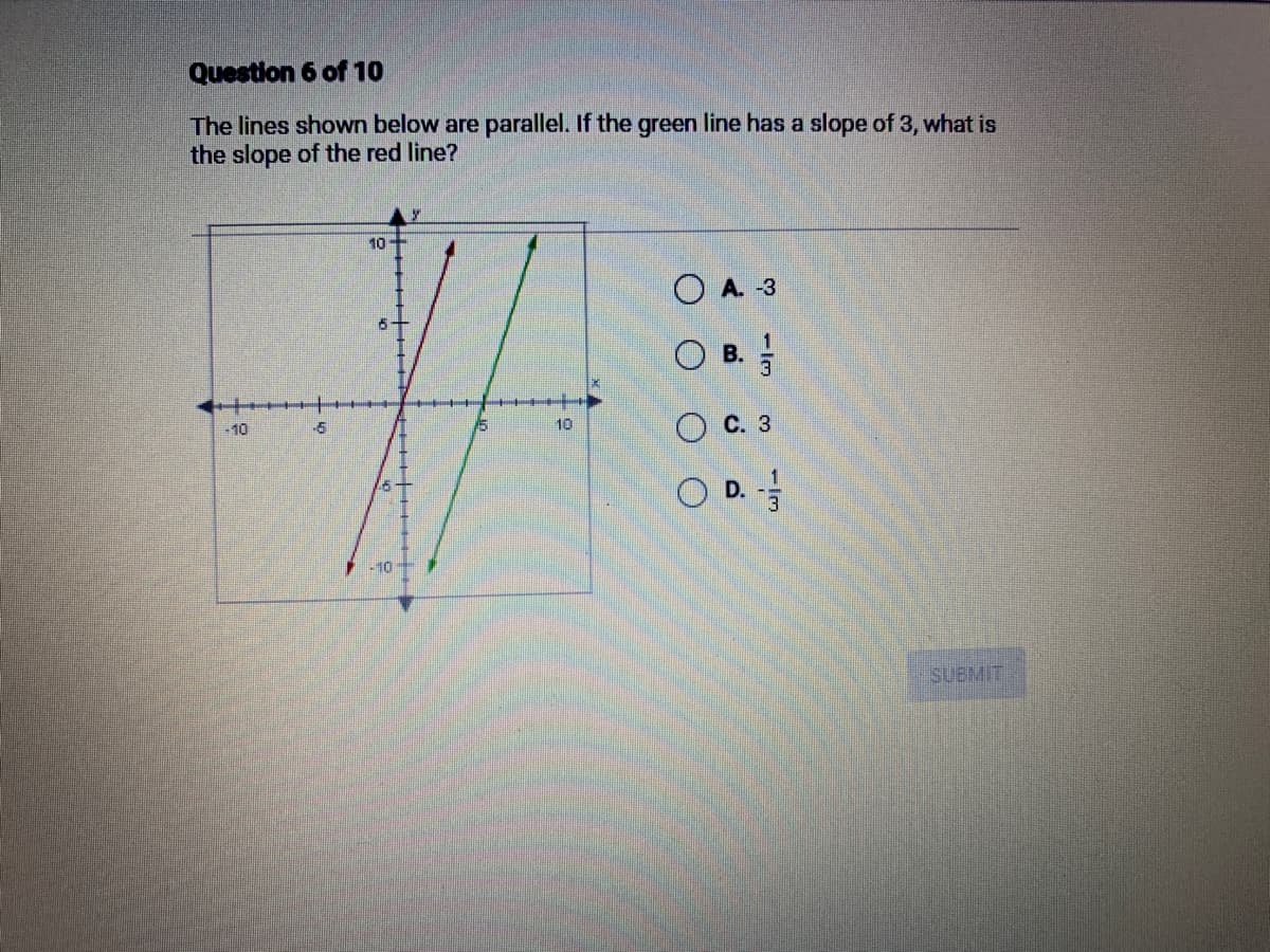 Question 6 of 10
The lines shown below are parallel. If the green line has a slope of 3, what is
the slope of the red line?
-10
8
10
#
-6
15
10
-10
оо
O B.
O O
-3
- Im
C. 3
OD. -1/1
SUBMIT