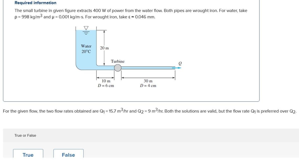 Required information
The small turbine in given figure extracts 400 W of power from the water flow. Both pipes are wrought iron. For water, take
p = 998 kg/m3 and u = 0.001 kg/m-s. For wrought iron, take ɛ = 0.046 mm.
Water
20 m
20°C
Turbine
10 m
30 m
D = 6 cm
D = 4 cm
For the given flow, the two flow rates obtained are Q1 = 15.7 m3/hr and Q2 = 9 m3/hr. Both the solutions are valid, but the flow rate Q is preferred over Q2.
True or False
True
False
