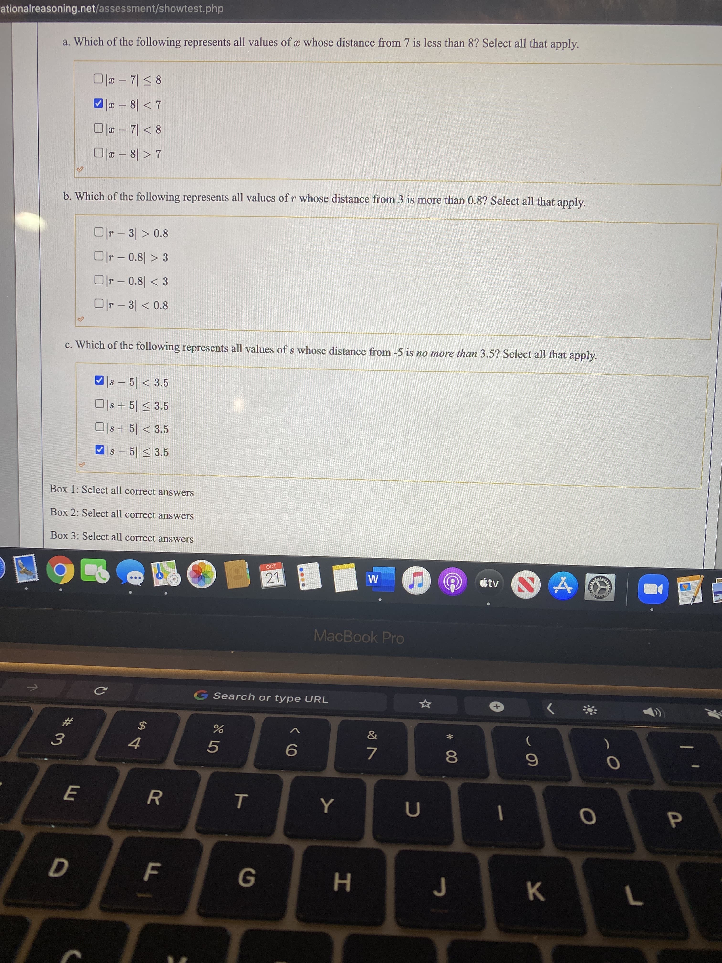 a. Which of the following represents all values of x whose distance from 7 is less than 8? Select all that apply.
