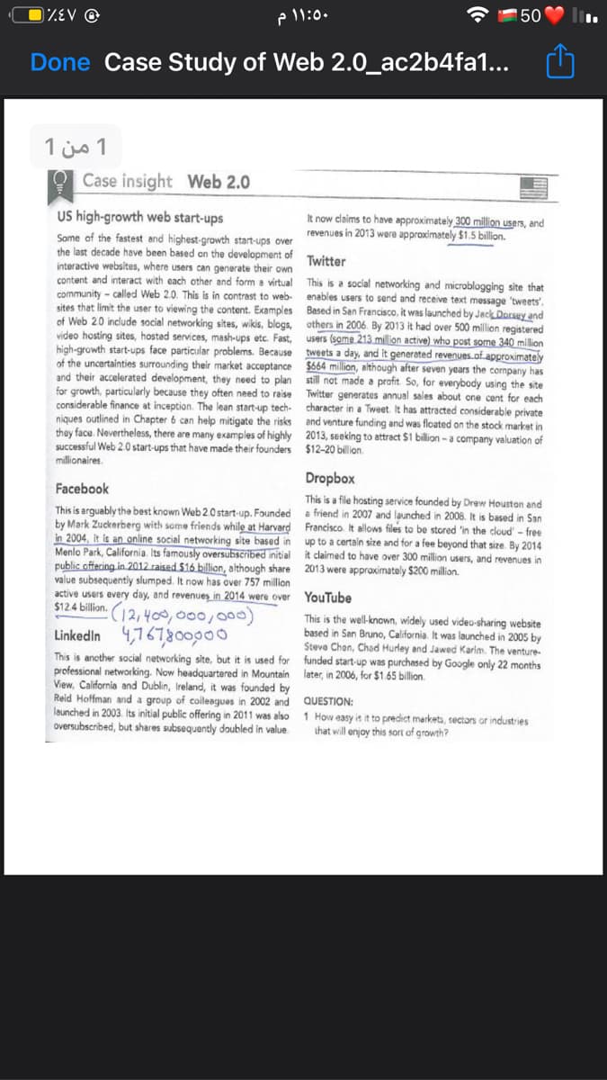 DZEV ©
150
Done Case Study of Web 2.0_ac2b4fa1...
1 من 1
O Case insight Web 2.0
US high-growth web start-ups
It now claims to have approximately 300 million users, and
revenues in 2013 were approximately $1.5 billion.
Some of the fastest and highest-growth start-ups over
the last decade have been based on the development of
interactive websites, where users can generate their own
content and interact with each other and form a virtual
Twitter
This is a social networking and microblogging site that
enables users to send and receive text message 'tweets'.
y- called Web 2.0. This is in contrast to web-
sites that limit the user to viewing the content. Examples Based in San Francisco, it was launched by Jack Dorsay and
of Web 20 include social networking sites, wikis, blogs, others in 2006. By 2013 it had over 500 million registered
high-growth startups face o ces, mash-ups etc. Fast.
of the uncertainties surrounding their market acceptance $664 million, although after seven years the cornpany has
and their accelerated development, they need to plan still not made a profit. So, for everybody using the site
video hosting sites, hosted
users (some 213 million active) who post some 340 million
tweets a day, and it generated revenues.of.approximately
particular problems. Because
growth, particularly because they often need to raise
considerable finance at inception. The lean start-up tech-
niques outlined in Chapter 6 can help mitigate the risks and venture funding and was floated on the stock market in
they face. Nevertheless, there are many examples of highly 2013, seeking to attract $1 billion-a company valuation of
successful Web 2.0 start-ups that have made their founders $12-20 billion.
millionaires.
for
Twitter generates annual sales about one cent for each
character in a Tweet It has attracted considerable private
Dropbox
Facebook
This is a file hosting service founded by Drew Houston and
a friend in 2007 and launched in 2008. It is based in San
This is arguably the best known Web 2.0 start-up. Founded
by Mark Zuckerberg with same friends while at Harvard Francisco. It allows files to be stored 'in the cloud'- free
in 2004, it is an online social networking site based in up to a certain size and for a fee beyond that size. By 2014
Menlo Park, California. Its famously oversubscribed initial
public offecing in 2012 raised $16 billion, although share
value subsequently slumped. It now has over 757 million
active users every day, and revenues in 2014 were over
$124 billion.
it claimed to have over 300 million users, and revenues in
2013 were approximately $200 million.
YouTube
12,400,000,00)
Linkedin 4,167,800p00
This is the well-known, widely used video-sharing website
based in San Bruno, California. It was launched in 2005 by
Steve Chan, Chad Hurley and Jawed Karim. The venture-
funded start-up was purchased by Google only 22 months
later, in 2006, for $1.65 billion.
This is another social networking site, but it is used for
professional networking. Now headquartered in Mountain
View, California and Dublin, Ireland, it was founded by
Reid Hoffman and a group of coileagues in 2002 and QUESTION:
launched in 2003. Its initial public offering in 2011 was also
oversubscribed, but shares subsequently doubled in value.
1 How easy is it to predict markets, sectors or industries
that will enjoy this sort of growth?
