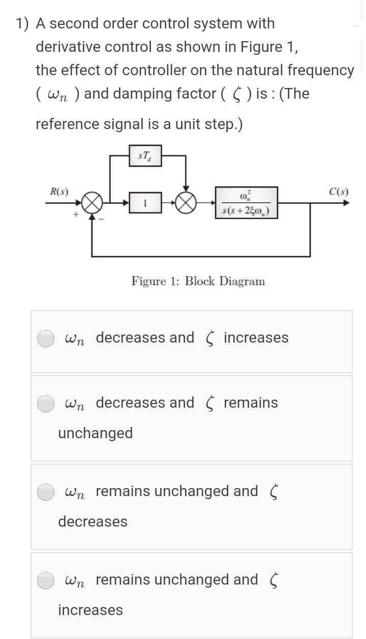 1) A second order control system with
derivative control as shown in Figure 1,
the effect of controller on the natural frequency
( Wn ) and damping factor ( $ ) is : (The
reference signal is a unit step.)
sT,
C(s)
R(s)
s(s+250,)
Figure 1: Block Diagram
decreases and ( increases
wn
Wn decreases and ( remains
unchanged
wn remains unchanged and Ś
decreases
remains unchanged and S
wn
increases
