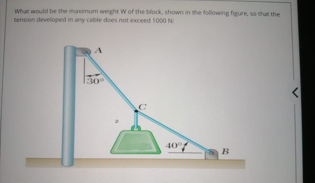 What would be the maximum weight W of the block, shown in the following figure, so that the
tension developed in any cable does not exceed 1000 N:
30°
40°
В
