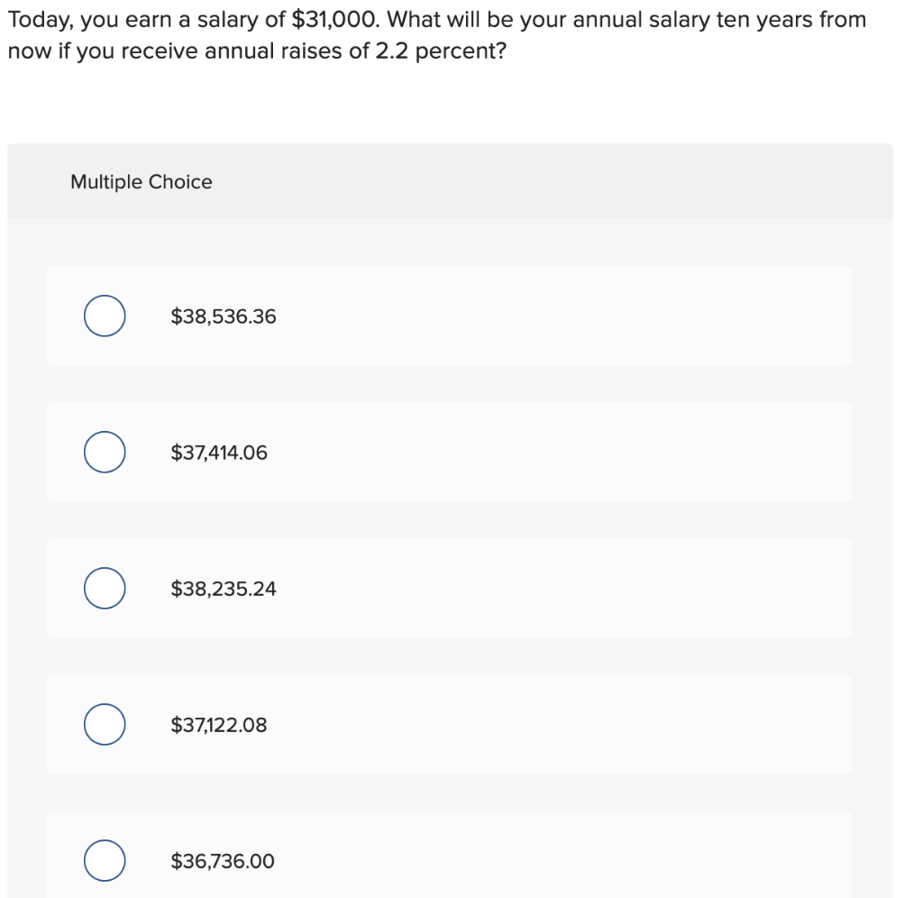 Today, you earn a salary of $31,000. What will be your annual salary ten years from
now if you receive annual raises of 2.2 percent?
Multiple Choice
$38,536.36
$37,414.06
$38,235.24
$37,122.08
$36,736.00