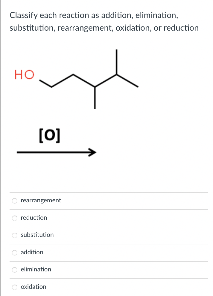 Classify each reaction as addition, elimination,
substitution, rearrangement, oxidation, or reduction
HO
[0]
rearrangement
O reduction
substitution
addition
O elimination
oxidation