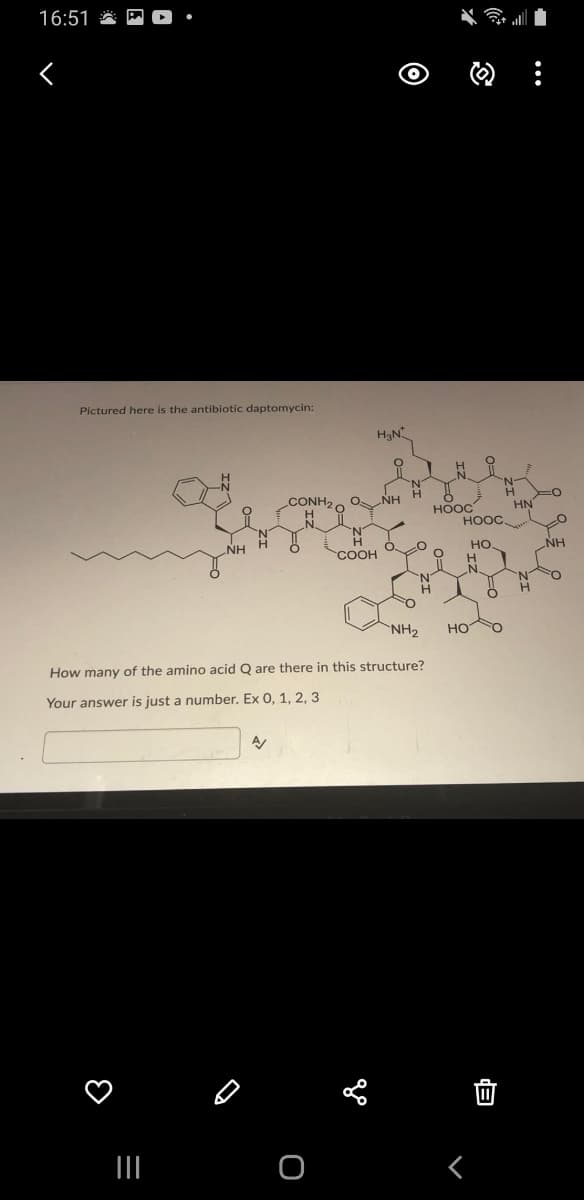 16:51
Pictured here is the antibiotic daptomycin:
H3N
H EO
HN
HOOC
CONH2. ONH
HOOC
NH
но.
NH
COOH
H
NH2
HOO
How many of the amino acid Q are there in this structure?
Your answer is just a number. Ex 0, 1, 2, 3
