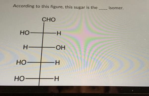 According to this figure, this sugar is the
isomer.
CHO
но-
--
H-
-HO-
Но-
-H-
HO
H-
