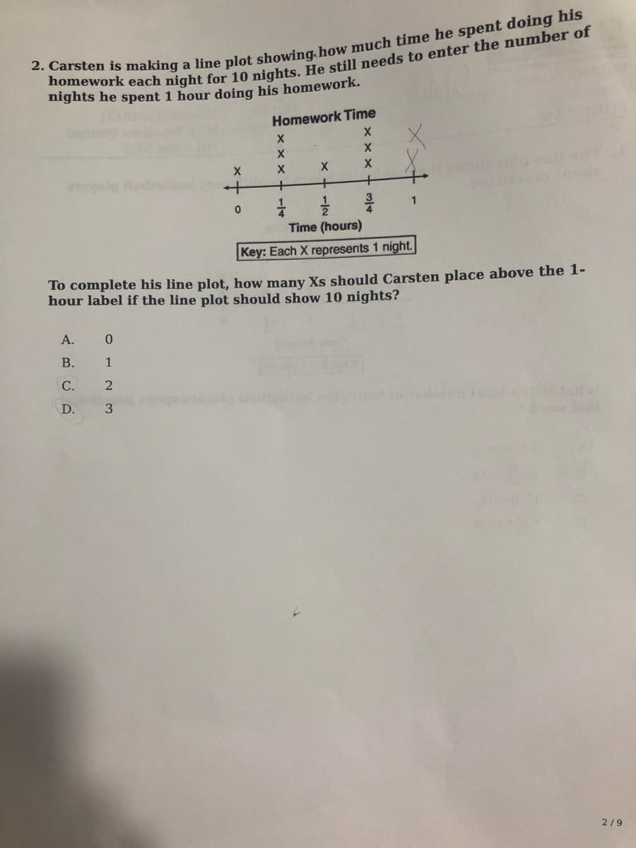 nights he spent 1 hour doing his homework.
Homework Time
+
+
1
Time (hours)
Key: Each X represents 1 night.
To complete his line plot, how many Xs should Carsten place above the 1-
hour label if the line plot should show 10 nights?
А.
В.
1
C.
D.
3
2/9
