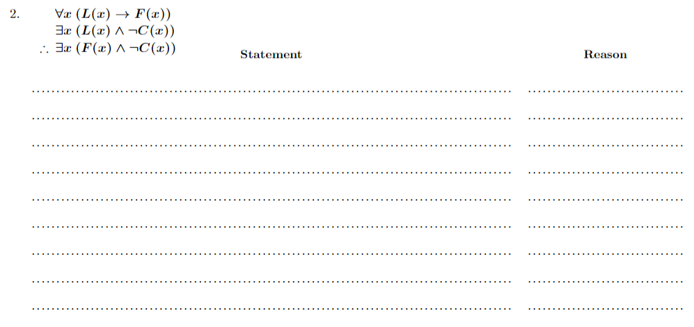 Væ (L(x) → F(x))
3x (L(x) ^ ¬C(x))
... Ja (F(x) ^ ¬C(x))
2.
Statement
Reason
