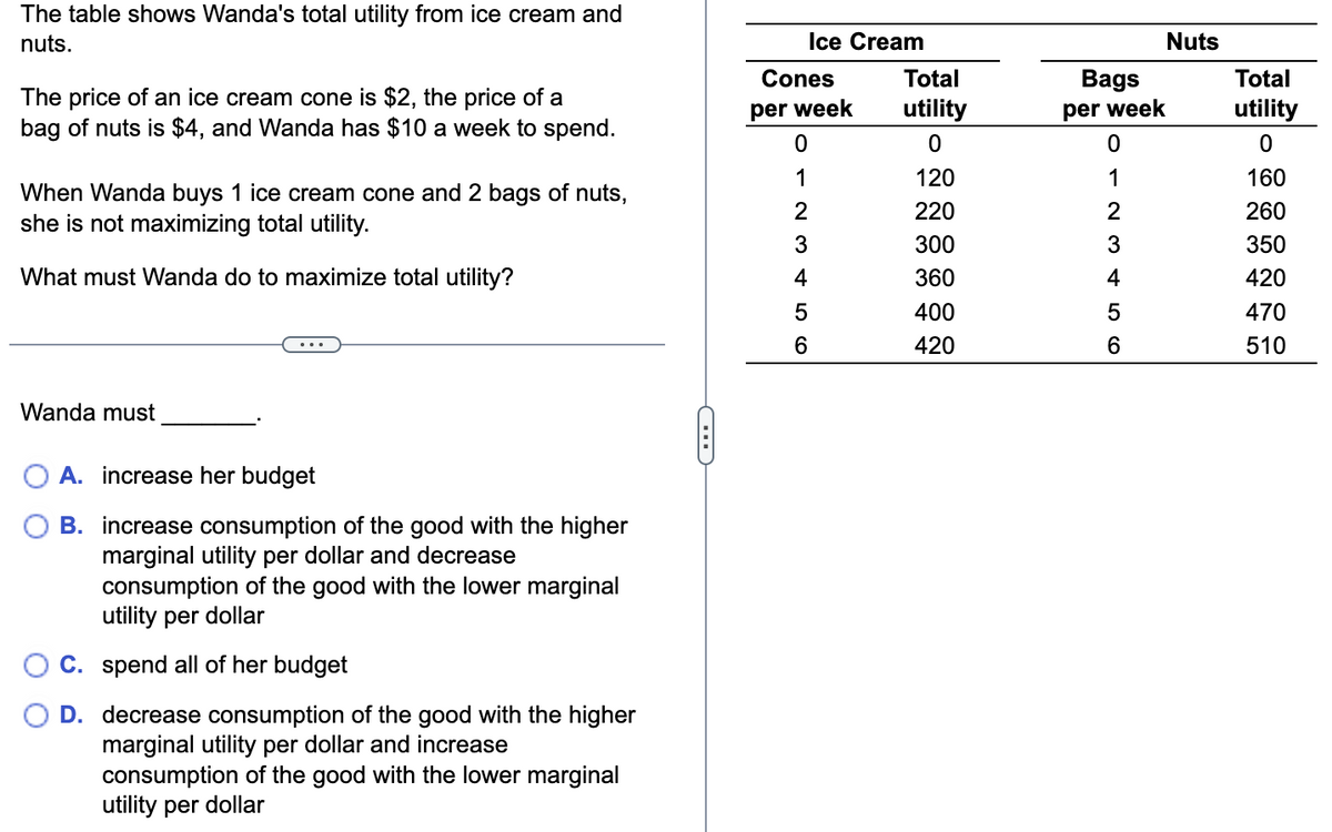 The table shows Wanda's total utility from ice cream and
nuts.
The price of an ice cream cone is $2, the price of a
bag of nuts is $4, and Wanda has $10 a week to spend.
When Wanda buys 1 ice cream cone and 2 bags of nuts,
she is not maximizing total utility.
What must Wanda do to maximize total utility?
Wanda must
A. increase her budget
B. increase consumption of the good with the higher
marginal utility per dollar and decrease
consumption of the good with the lower marginal
utility per dollar
C. spend all of her budget
D. decrease consumption of the good with the higher
marginal utility per dollar and increase
consumption of the good with the lower marginal
utility per dollar
C
Ice Cream
Cones
per week
0
1
23456
Total
utility
0
120
220
300
360
400
420
Bags
per week
0
1
23456
Nuts
Total
utility
0
160
260
350
420
470
510