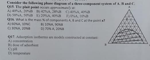 Consider the following phase diagram of a three-component system of A. B and C.
Q15. The plait point occurs approximately at:
A
A) 40%A, 20%B B) 42%A, 28%B C) 40%A, 40%B
F) 0%A, 10%B
D) 50%A, 50%B
Q16. What is the
A) 60%A, 10%C
C) 30%A, 20%B
E) 20%A, 40%B
mass % of components A, B and C at the point x?
B) 10%A, 90%B
D) 70% A, 20%B
Q17. Adsorption isotherms are models constructed at constant:
A) concentration
B) dose of adsorbent
C) pH
D) temperature