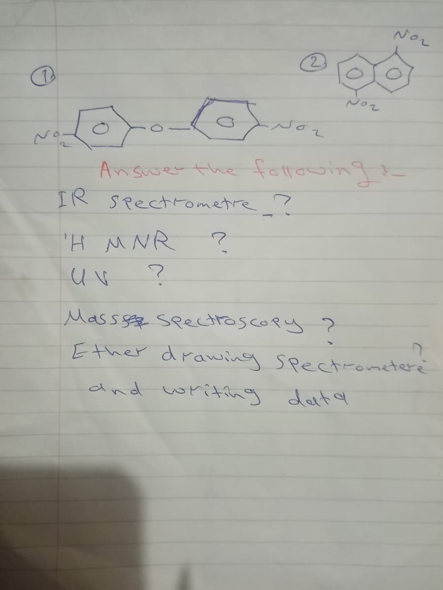 Noz
Noz
Answer the festtawing-
IR spectrometre ?
"H MNR
Massse seectroscopy ?
Ether drawing Spectrometere
dnd writhg det a
