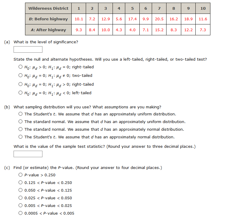 Wilderness District
1
3
4
7
10
B: Before highway
10.1
7.2
12.9
5.6
17.4
9.9
20.5
16.2
18.9
11.6
A: After highway
9.3
8.4
10.0
4.3
4.0
7.1
15.2
8.3
12.2
7.3
(a) What is the level of significance?
State the null and alternate hypotheses. Will you use a left-tailed, right-tailed, or two-tailed test?
O Ho: Hd > 0; H: Hd = 0; right-tailed
O Ho: Hd = 0; H: Hd# 0; two-tailed
O Ho: Hd = 0; H: Hd> 0; right-tailed
O Ho: Hd = 0; H: Hd < 0; left-tailed
(b) What sampling distribution will you use? What assumptions are you making?
O The Student's t. We assume that d has an approximately uniform distribution.
O The standard normal. We assume that d has an approximately uniform distribution.
O The standard normal. We assume that d has an approximately normal distribution.
The Student's t. We assume that d has an approximately normal distribution.
What is the value of the sample test statistic? (Round your answer to three decimal places.)
(c) Find (or estimate) the P-value. (Round your answer to four decimal places.)
O P-value > 0.250
0.125 < P-value < 0.250
O 0.050 < P-value < 0.125
O 0.025 < P-value < 0.050
0.005 < P-value < 0.025
O 0.0005 < P-value < 0.005
2.
