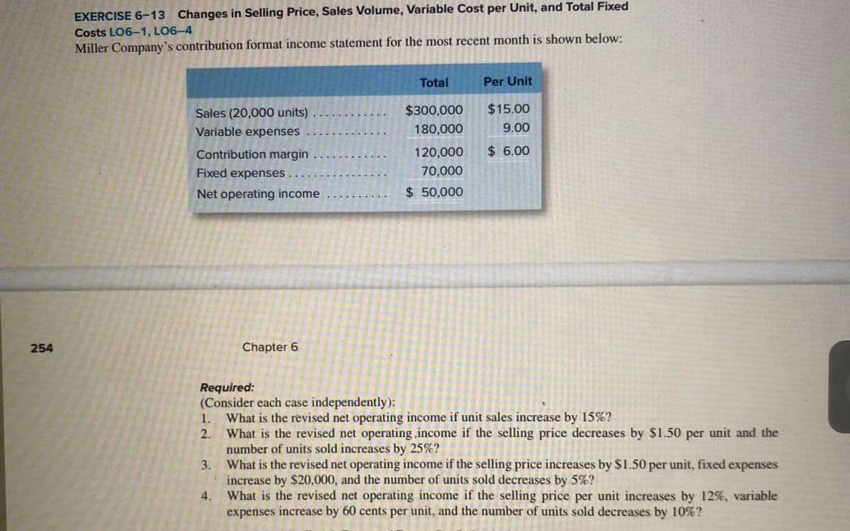 254
EXERCISE 6-13 Changes in Selling Price, Sales Volume, Variable Cost per Unit, and Total Fixed
Costs LO6-1, LO6-4
Miller Company's contribution format income statement for the most recent month is shown below:
Sales (20,000 units) ..
Variable expenses
Contribution margin
Fixed expenses.
Net operating income
Required:
(Consider each case independently):
Chapter 6
3.
4.
Total
$300,000
180,000
120,000
70,000
$ 50,000
Per Unit
1. What is the revised net operating income if unit sales increase by 15%?
2.
What is the revised net operating income if the selling price decreases by $1.50 per unit and the
number of units sold increases by 25%?
What is the revised net operating income if the selling price increases by $1.50 per unit, fixed expenses
increase by $20,000, and the number of units sold decreases by 5%?
$15.00
9.00
$6.00
What is the revised net operating income if the selling price per unit increases by 12%, variable
expenses increase by 60 cents per unit, and the number of units sold decreases by 10%?