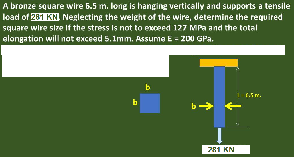 A bronze square wire 6.5 m. long is hanging vertically and supports a tensile
load of 281 KN. Neglecting the weight of the wire, determine the required
square wire size if the stress is not to exceed 127 MPa and the total
elongation will not exceed 5.1mm. Assume E = 200 GPa.
L= 6.5 m.
281 KN
