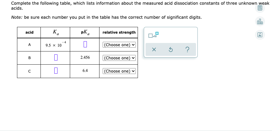 Complete the following table, which lists information about the measured acid dissociation constants of three unknown weak
acids.
Note: be sure each number you put in the table has the correct number of significant digits.
olo
K.
pK a
acid
relative strength
A
9.5 x 10
(Choose one)
?
2.456
(Choose one)
В
6.4
(Choose one)
