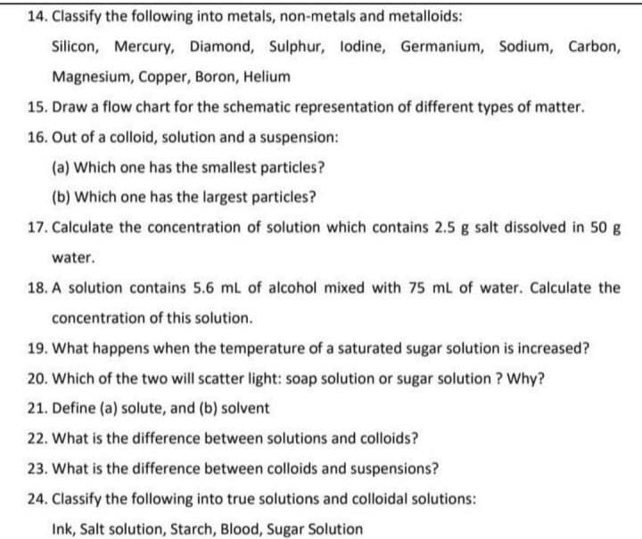 14. Classify the following into metals, non-metals and metalloids:
Silicon, Mercury, Diamond, Sulphur, lodine, Germanium, Sodium, Carbon,
Magnesium, Copper, Boron, Helium
15. Draw a flow chart for the schematic representation of different types of matter.
16. Out of a colloid, solution and a suspension:
(a) Which one has the smallest particles?
(b) Which one has the largest particles?
17. Calculate the concentration of solution which contains 2.5 g salt dissolved in 50 g
water.
18. A solution contains 5.6 mL of alcohol mixed with 75 mL of water. Calculate the
concentration of this solution.
19. What happens when the temperature of a saturated sugar solution is increased?
20. Which of the two will scatter light: soap solution or sugar solution? Why?
21. Define (a) solute, and (b) solvent
22. What is the difference between solutions and colloids?
23. What is the difference between colloids and suspensions?
24. Classify the following into true solutions and colloidal solutions:
Ink, Salt solution, Starch, Blood, Sugar Solution