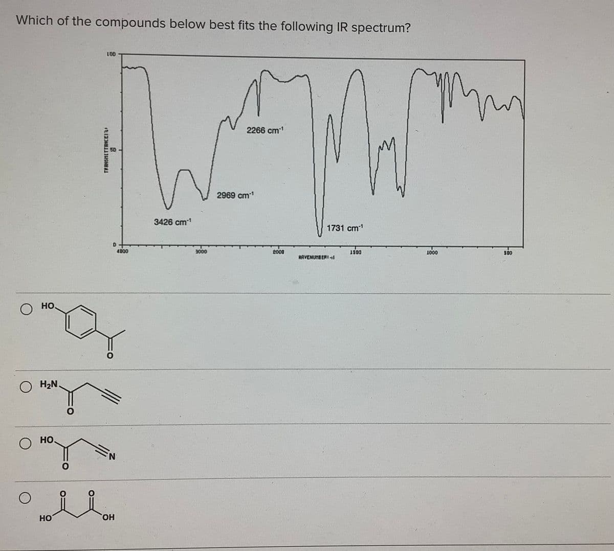 Which of the compounds below best fits the following IR spectrum?
100
2266 cm
2969 cm
3426 cm1
1731 cm1
4D00
3000
2000
1500
1000
500
KAVENUMBERI l
HO.
O H2N.
HO.
N.
Но
HO,
