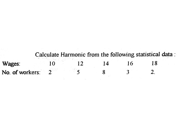 Calculate Harmonic from the following statistical data :
Wages:
10
12
14
16
18
No. of workers:
2
5
8 3
2.
