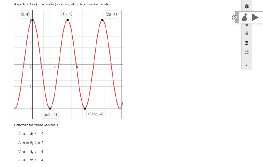 A graph of f (z) =a cos(br) is shown, where b is a positive constant.
|(0, 4)
(T, 4)
|(27, 4)
-2
(T/2, -4)
(Зл/2, -4)
Determine the values of a and b.
O a = 4; b = 2
O a = 8; b = 2
O a = 4; b = 4
O a = 8; b= 4
