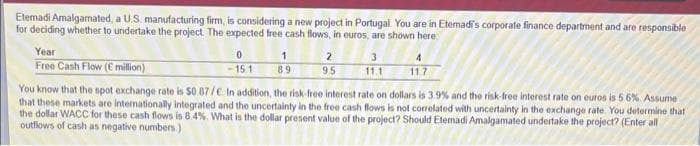 Etemadi Amalgamated, a U.S. manufacturing firm, is considering a new project in Portugal. You are in Etemadi's corporate finance department and are responsible
for deciding whether to undertake the project. The expected free cash flows, in euros, are shown here:
Year
1
2
3
Free Cash Flow (E million)
0
-15 1
8.9
9.5
11.7
You know that the spot exchange rate is $0.87/€. In addition, the risk-free interest rate on dollars is 3.9% and the risk-free interest rate on euros is 56%. Assume
that these markets are internationally integrated and the uncertainty in the free cash flows is not correlated with uncertainty in the exchange rate. You determine that
the dollar WACC for these cash flows is 8.4%. What is the dollar present value of the project? Should Etemadi Amalgamated undertake the project? (Enter all
outflows of cash as negative numbers.)