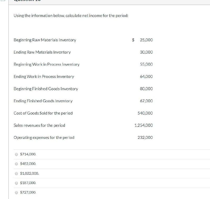 Using the information below, calculate net income for the period:
Beginning Raw Materials Inventory
Ending Raw Materials Inventory
Beginning Work in Process Inventory
Ending Work in Process Inventory
Beginning Finished Goods Inventory
Ending Finished Goods Inventory
Cost of Goods Sold for the period
Sales revenues for the period
Operating expenses for the period
$714,000.
$482,000.
$1,022,000.
$187,000.
$727,000.
$ 25,000
30,000
55,000
64,000
80,000
67,000
540,000
1,254.000
232,000