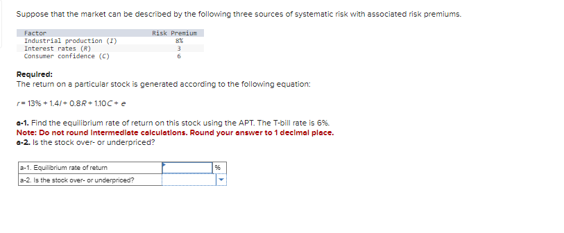 Suppose that the market can be described by the following three sources of systematic risk with associated risk premiums.
Factor
Industrial production (I)
Interest rates (R)
Consumer confidence (C)
Required:
Risk Premium
8%
3
6
The return on a particular stock is generated according to the following equation:
= 13% +1.4/+0.8R+1.10 C+ e
•-1. Find the equilibrium rate of return on this stock using the APT. The T-bill rate is 6%.
Note: Do not round Intermediate calculations. Round your answer to 1 decimal place.
a-2. Is the stock over- or underpriced?
a-1. Equilibrium rate of return
a-2. Is the stock over- or underpriced?
%