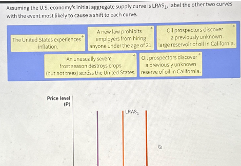 Assuming the U.S. economy's initial aggregate supply curve is LRAS₁, label the other two curves
with the event most likely to cause a shift to each curve.
The United States experiences
inflation.
A new law prohibits
employers from hiring
anyone under the age of 21.
An unusually severe
frost season destroys crops
(but not trees) across the United States.
Oil prospectors discover
a previously unknown.
large reservoir of oil in California.
Oil prospectors discover"
a previously unknown
reserve of oil in California.
Price level
(P)
LRAS