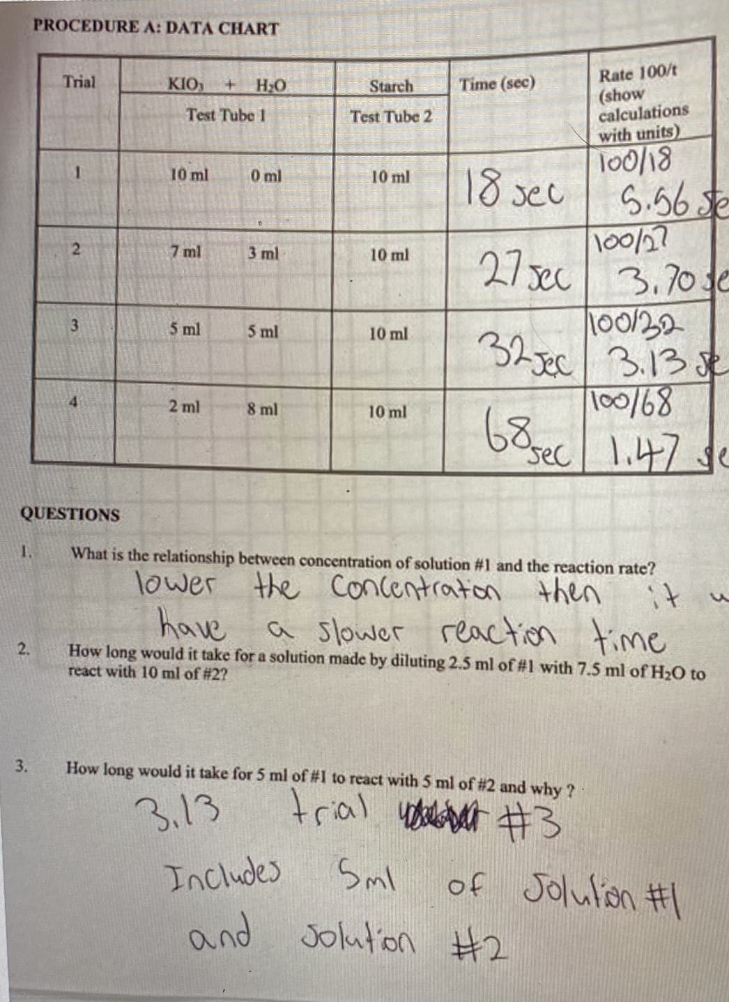 PROCEDURE A: DATA CHART
Rate 100/t
(show
calculations
with units)
Trial
KIO
+.
H2O
Starch
Time (sec)
Test Tube 1
Test Tube 2
To0/18
S.56 Se
18sec
10 ml
0ml
10 ml
100/27
27 sec
7 ml
3 ml
10 ml
3.70se
1o0132
3 3ec
3.
5 ml
5 ml
10 ml
3.13 se
100/68
sec 1.4/ se
2 ml
8 ml
10 ml
QUESTIONS
What is the relationship between concentration of solution #1 and the reaction rate?
lower the Concentraton then
it
have
a slower reaction time
How long would it take for a solution made by diluting 2.5 ml of #1 with 7.5 ml of H2O to
react with 10 ml of #2?
2.
3.
How long would it take for 5 ml of #1 to react with 5 ml of #2 and why ?
3.13
Sml
of Jolulon #l
Includes
and
Jolution H2
2.
