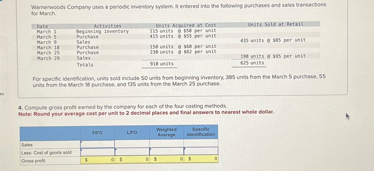 es
Warnerwoods Company uses a periodic inventory system. It entered into the following purchases and sales transactions
for March.
Date
March 1
Activities
March 5
Beginning inventory
Purchase
March 9
Sales
March 18
March 25
Purchase
Purchase
March 29
Sales
Totals
Units Acquired at Cost
115 units @ $50 per unit
415 units @ $55 per unit
150 units @$60 per unit
230 units @ $62 per unit
910 units.
Units Sold at Retail
435 units @ $85 per unit
190 units @ $95 per unit
625 units
For specific identification, units sold include 50 units from beginning inventory, 385 units from the March 5 purchase, 55
units from the March 18 purchase, and 135 units from the March 25 purchase.
4. Compute gross profit earned by the company for each of the four costing methods.
Note: Round your average cost per unit to 2 decimal places and final answers to nearest whole dollar.
FIFO
LIFO
Weighted
Average
Specific
Identification
Sales
Less: Cost of goods sold
Gross profit
$
0 $
0 $
0 $
0