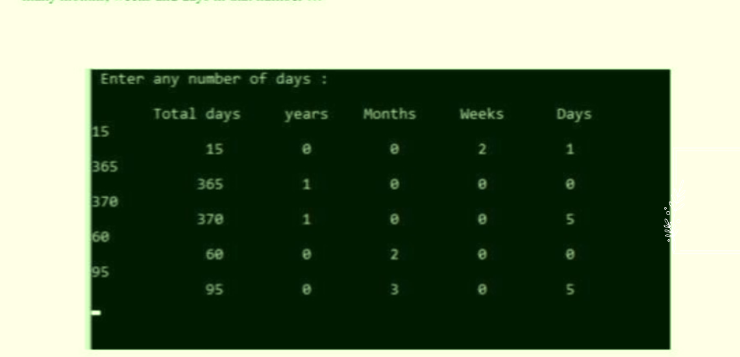 Enter any number of days :
Total days
15
365
370
60
95
15
365
370
60
95
years
1
1
Months
e
e
2
3
Weeks
2
8
Days
1
8
5
e