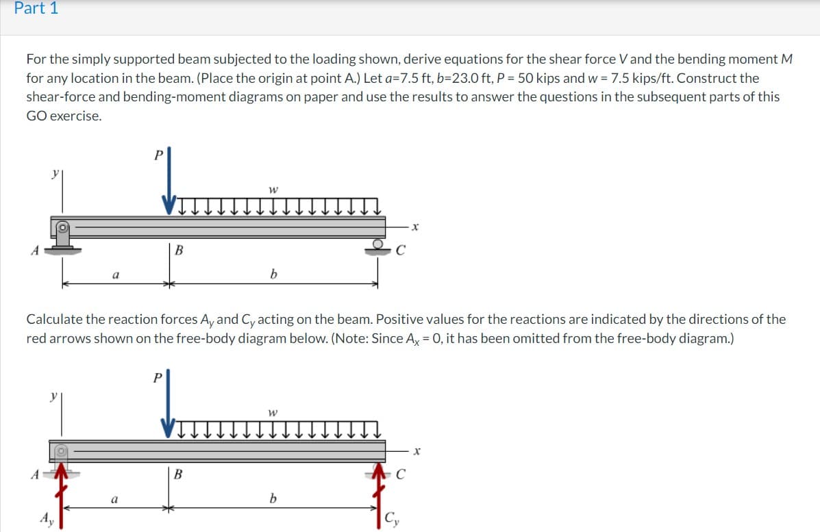 Part 1
For the simply supported beam subjected to the loading shown, derive equations for the shear force V and the bending moment M
for any location in the beam. (Place the origin at point A.) Let a=7.5 ft, b=23.0 ft, P = 50 kips and w = 7.5 kips/ft. Construct the
shear-force and bending-moment diagrams on paper and use the results to answer the questions in the subsequent parts of this
GO exercise.
a
A
a
B
Calculate the reaction forces Ay and Cy acting on the beam. Positive values for the reactions are indicated by the directions of the
red arrows shown on the free-body diagram below. (Note: Since Ax = 0, it has been omitted from the free-body diagram.)
P
b
B
W
b
C
X
Cy
X