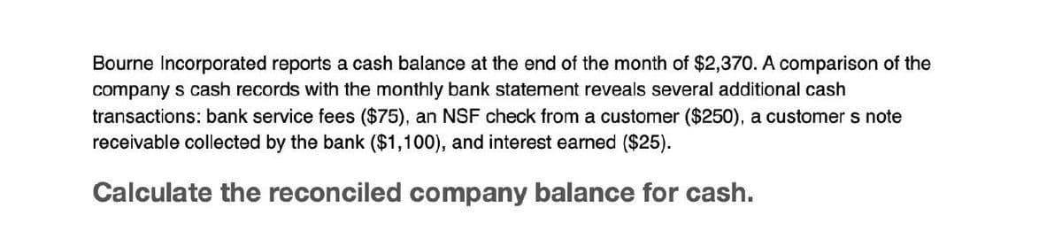 Bourne Incorporated reports a cash balance at the end of the month of $2,370. A comparison of the
company s cash records with the monthly bank statement reveals several additional cash
transactions: bank service fees ($75), an NSF check from a customer ($250), a customer s note
receivable collected by the bank ($1,100), and interest earned ($25).
Calculate the reconciled company balance for cash.