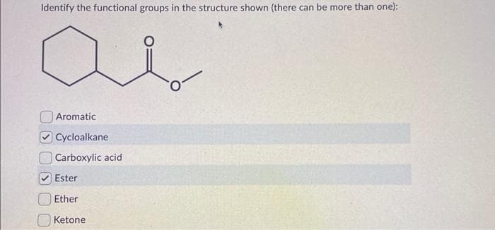 Identify the functional groups in the structure shown (there can be more than one):
Aromatic
Cycloalkane
Carboxylic acid
Ester
Ether
Ketone