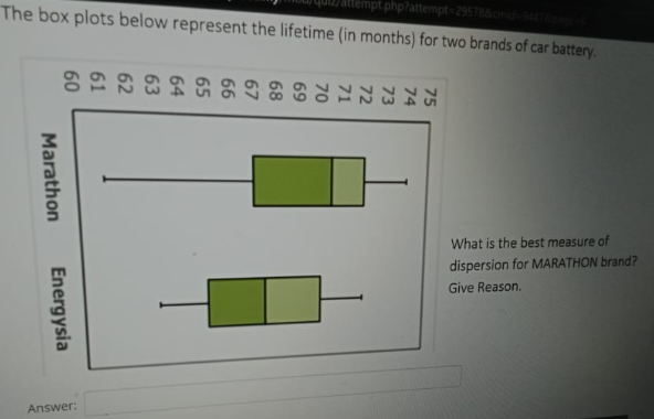 attempt.php?attempt-295788cmid-9447&page-5
The box plots below represent the lifetime (in months) for two brands of car battery.
What is the best measure of
dispersion for MARATHON brand?
Give Reason.
Marathon
Energysia
Answer:
62
63
64
65
99
5 4 73 72 1 70 69 68 67