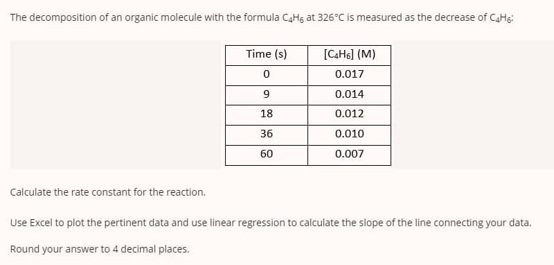 The decomposition of an organic molecule with the formula C4H, at 326°C is measured as the decrease of C4Hs:
Time (s)
[CAH5] (M)
0.017
9
0.014
18
0.012
36
0.010
60
0.007
Calculate the rate constant for the reaction.
Use Excel to plot the pertinent data and use linear regression to calculate the slope of the line connecting your data.
Round your answer to 4 decimal places.
