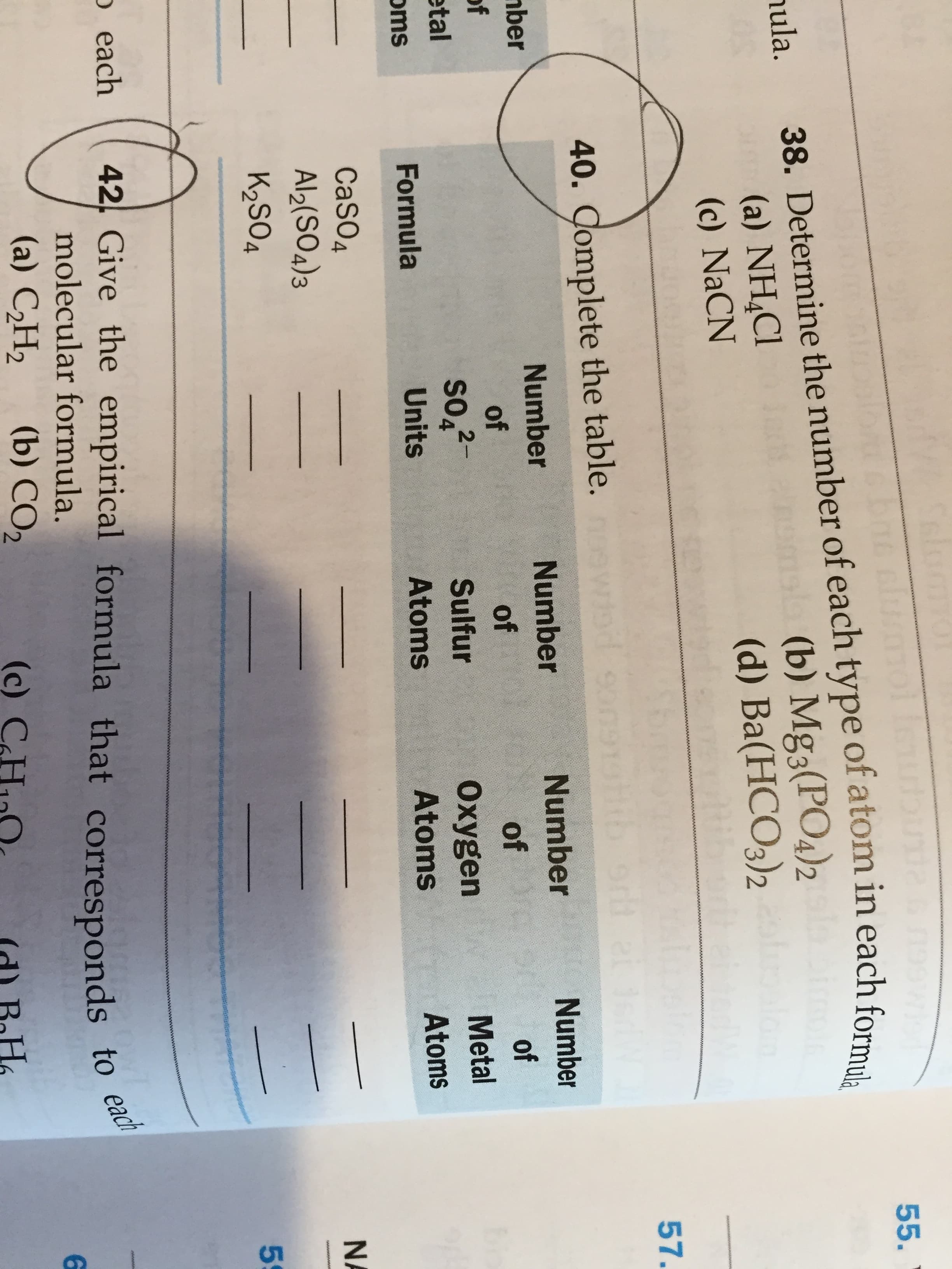 51
55.
38. Determine the number of each type of atom in each formula
sla (b) Mg3(PO4)2
hula.
(a) NH,Cl
(c) NaCN
(d) Ba(HCO3)2
57.
orlt
40. Complete the table.
Number
Number
Number
Number
mber
of
of
of t
of
of
etal
so,-
2-
4.
Sulfur
Oxygen
Metal
oms
Formula
Units
Atoms
Atoms
Atoms
CASO4
Al2(SO4)3
NA
K2SO4
o each
42. Give the empirical formula that corresponds to
molecular formula.
6.
(а) СН2
(b) CO2
(c) CH1
