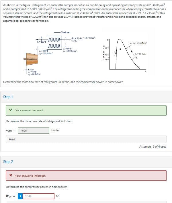 As shown in the figure, Refrigerant 22 enters the compressor of an air conditioning unit operating at steady state at 40°F, 80 lbp/in²
and is compressed to 160°F. 200 lb/in?. The refrigerant exiting the compressor enters a condenser where energy transfer to air as a
separate stream occurs, and the refrigerant exits as a liquid at 200 lb/in², 90°F. Air enters the condenser at 75°F, 14.7 lb/in² with a
volumetric flow rate of 1000 ft3/min and exits at 110°F. Neglect stray heat transfer and kinetic and potential energy effects, and
assume ideal gas behavior for the air.
Step 1
Compresser
1+R22
Hint
Step 2
mg22 = 7.026
7-11 wwwww
www
Wa=
7₂=160 F
P-200
7₁-4FF
P-80²
Your answer is correct.
Determine the mass flow rate of refrigerant, in lb/min.
Determine the mass flow rate of refrigerant, in lb/min, and the compressor power, in horsepower.
* Your answer is incorrect.
2.125
-Condemer
lb/min
Determine the compressor power, in horsepower.
Aus at T P 1471²
(AV)
7₁-90°F
Py = 200 m²
hp
P == 300 The
= 67F
IN
-991
80 bi
= 40°F
T:
T:
T:
Attempts: 3 of 4 used