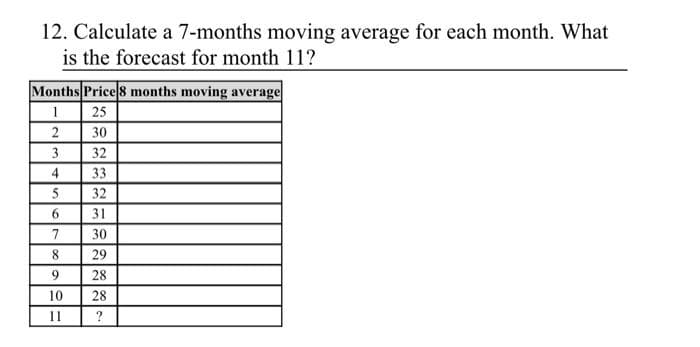 12. Calculate a 7-months moving average for each month. What
is the forecast for month 11?
Months Price8 months moving average
1 25
30
3
32
4
33
32
6.
31
7
30
29
28
10
28
11
?
