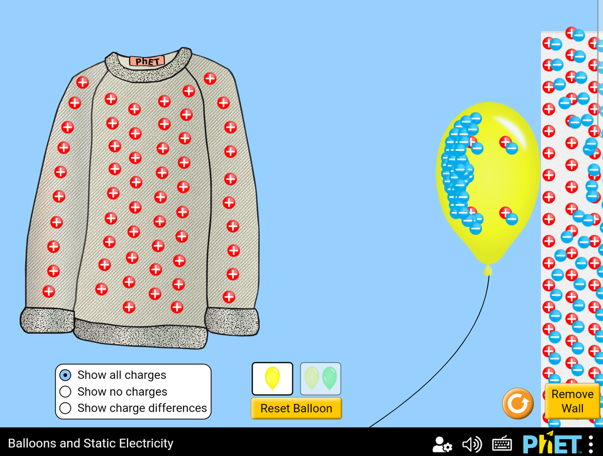 PHET
Show all charges
Show no charges
Remove
Show charge differences
Reset Balloon
Wall
PKET :
Balloons and Static Electricity
