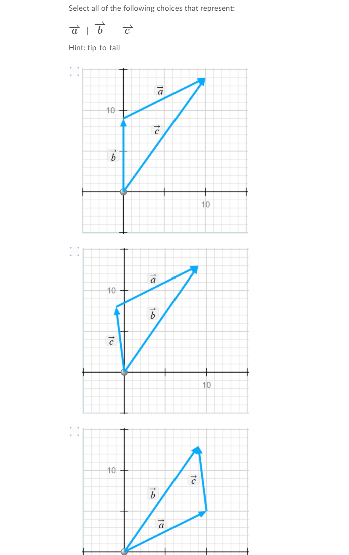 Select all of the following choices that represent:
a +6
Hint: tip-to-tail
10
10
a
10
10
10
a
