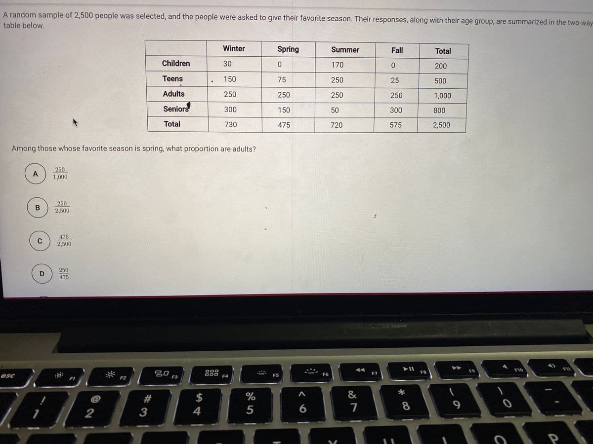 A random sample of 2,500 people was selected, and the people were asked to give their favorite season. Their responses, along with their age group, are summarized in the two-way
table below.
Winter
Spring
Summer
Fall
Total
Children
30
170
200
Teens
150
75
250
25
500
Adults
250
250
250
250
1,000
Seniors
300
150
50
300
800
Total
730
475
720
575
2,500
Among those whose favorite season is spring, what proportion are adults?
250
A
1,000
250
2,500
475
C
2,500
250
475
F10
FII
S0 F3
DOO
000
F4
F9
吕口
F6
F7
F8
esc
F5
FI
F2
$
&
2
3
4
5
6
7
8
P
