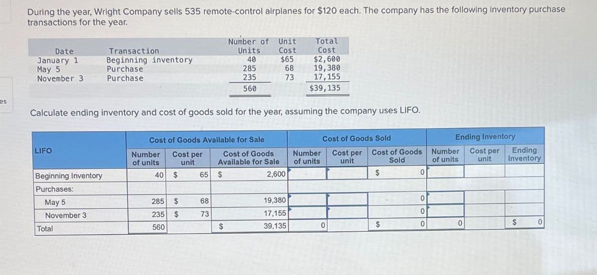 es
During the year, Wright Company sells 535 remote-control airplanes for $120 each. The company has the following inventory purchase
transactions for the year.
Date
January 1
May 5
November 3
LIFO
Beginning Inventory
Purchases:
May 5
November 3
Transaction
Beginning inventory
Purchase
Purchase
Total
Calculate ending inventory and cost of goods sold for the year, assuming the company uses LIFO.
Number
of units
Cost of Goods Available for Sale
40
Cost per
unit
$
285
$
235 $
560
Number of Unit
Cost
65 $
68
73
Units
40
285
235
560
Cost of Goods
Available for Sale
$
$65
68
73
2,600
Total
Cost
$2,600
19,380
17,155
$39, 135
19,380
17,155
39,135
Number
of units
Cost of Goods Sold
0
Cost per
unit
Cost of Goods
Sold
$
$
G
0
0
0
0
Ending Inventory
Cost per
unit
Number
of units
0
Ending
Inventory
$
0