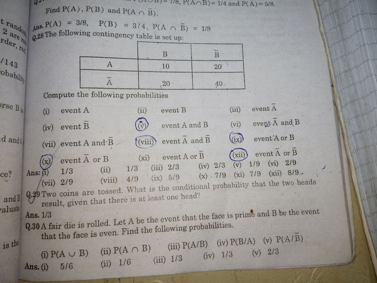 Q.28 The following contingency table is set up:
Find P(A), P(B) and P(A n B).
P(AnB)%3D 1/4 and P(A)= 5/8.
t random
Ans. P(A)
S The following contingency table is set up:
= 3/8, P(B) = 3/4, P(A n B) = 1/8
%3D
2 are red
rder, red
B
/143
A
10
20
obability
A
,20
40
Compute the following probabilitiès
orse Bi
(i) event A
(ii)
event B
(iii)
event A
event A and B
(vi)
event A and B
(iv) event B
d andi
(viii) event A and B
(ix)
event'A or B
(vii) event A and-B
(xii)
(iv) 2/3 (v) 1/9 (vi) 2/9
(x) 7/9 (xi) 7/9 (xii) 8/9
: event A or B
event A or B
(xi)
(iii) 2/3
(ix) 5/9
(x)
event A or B
Ans: (1)
1/3
(ii)
1/3
ce?
(vii) 2/9
(viii) 4/9
and B Q.29 Two coins are tossed. What is the conditional probability that the two heads
result, given that there is at least one head?
aluate
Q.30 A fair die is rolled. Let A be the event that the face is prime and B be the evnt
that the face is even. Find the following probabilities.
Ans. 1/3
(iii) P(A/B) (iv) P(B/A) (v) P(A/B)
(iv) 1/3
is the
(ii) P(A O B)
(v) 2/3
(i) P(A U B)
-.
(ii) 1/6
(iii) 1/3
Ans. (i) 5/6.
