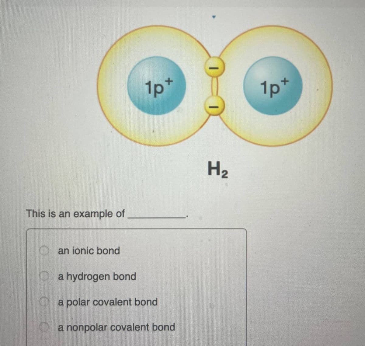 This is an example of
1p+
an ionic bond
a hydrogen bond
a polar covalent bond
a nonpolar covalent bond
H2
1p+