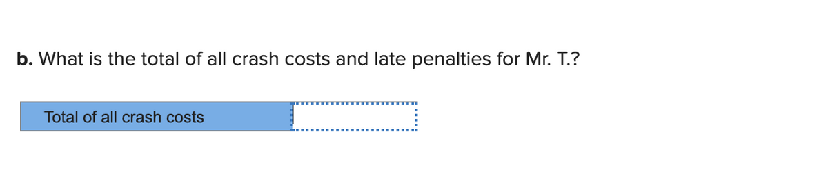 b. What is the total of all crash costs and late penalties for Mr. T.?
Total of all crash costs
