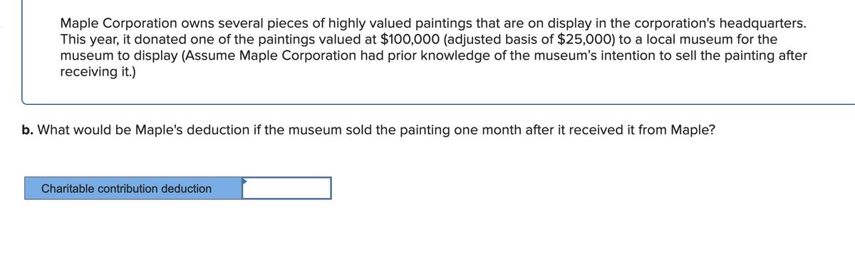 Maple Corporation owns several pieces of highly valued paintings that are on display in the corporation's headquarters.
This year, it donated one of the paintings valued at $100,000 (adjusted basis of $25,000) to a local museum for the
museum to display (Assume Maple Corporation had prior knowledge of the museum's intention to sell the painting after
receiving it.)
b. What would be Maple's deduction if the museum sold the painting one month after it received it from Maple?
Charitable contribution deduction
