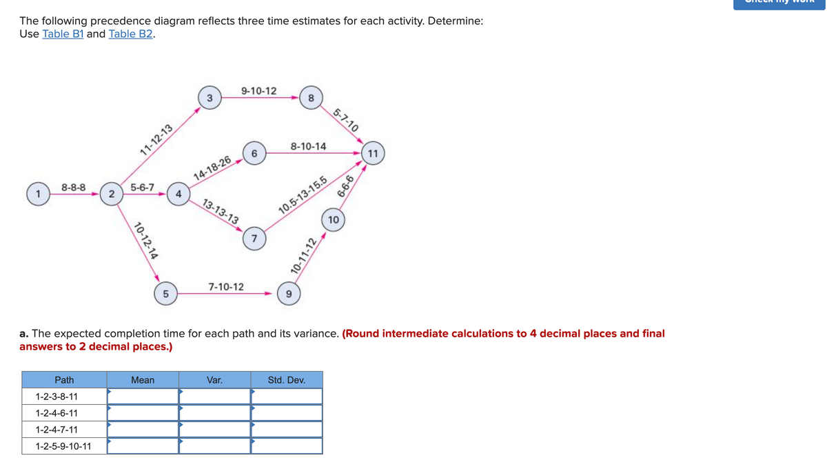 The following precedence diagram reflects three time estimates for each activity. Determine:
Use Table B1 and Table B2.
9-10-12
3
8
5-7-10
8-10-14
11-12-13
6.
11
14-18-26
10.5-13-15.5
10
8-8-8
5-6-7
13-13-13
7
7-10-12
9.
a. The expected completion time for each path and its variance. (Round intermediate calculations to 4 decimal places and final
answers to 2 decimal places.)
Path
Mean
Var.
Std. Dev.
1-2-3-8-11
1-2-4-6-11
1-2-4-7-11
1-2-5-9-10-11
9-99
10-11-12
10-12-14
2.
