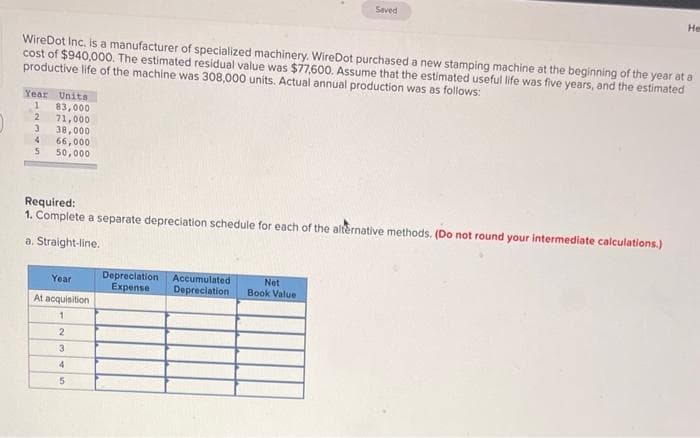 Year Units
1 83,000
2 71,000
3 38,000
4 66,000
5 50,000
WireDot Inc. is a manufacturer of specialized machinery. WireDot purchased a new stamping machine at the beginning of the year at a
cost of $940,000. The estimated residual value was $77,600. Assume that the estimated useful life was five years, and the estimated
productive life of the machine was 308,000 units. Actual annual production was as follows:
Required:
1. Complete a separate depreciation schedule for each of the alternative methods. (Do not round your intermediate calculations.)
a. Straight-line.
Year
At acquisition
1
2
3
4
5
Saved
Depreciation Accumulated
Expense Depreciation
Net
Book Value
He