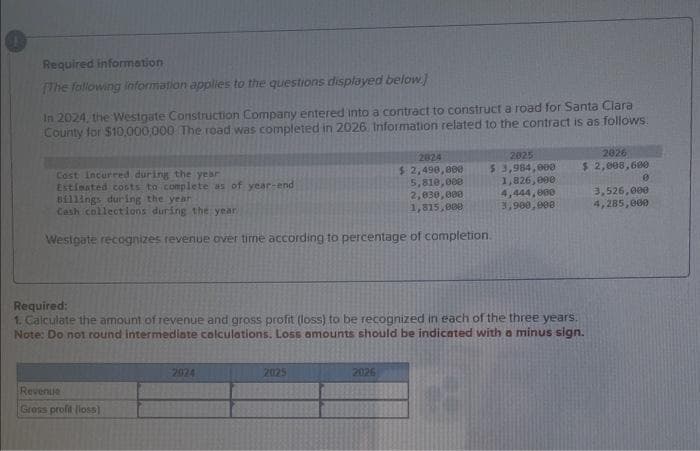 Required information
The following information applies to the questions displayed below]
In 2024, the Westgate Construction Company entered into a contract to construct a road for Santa Clara
County for $10,000,000 The road was completed in 2026. Information related to the contract is as follows:
Cost incurred during the year
Estimated costs to complete as of year-end
Billings during the year
Cash collections during the year
Westgate recognizes revenue over time according to percentage of completion.
Revenue
Gross profit (loss)
2024
2824
$ 2,490,000
5,810,000
2,030,000
1,815,000
Required:
1. Calculate the amount of revenue and gross profit (loss) to be recognized in each of the three years.
Note: Do not round intermediate calculations. Loss amounts should be indicated with a minus sign.
2025
2025
$ 3,984,000
1,826,000
4,444,000
3,900,008
2026
2026
$ 2,008,600
0
3,526,000
4,285,000